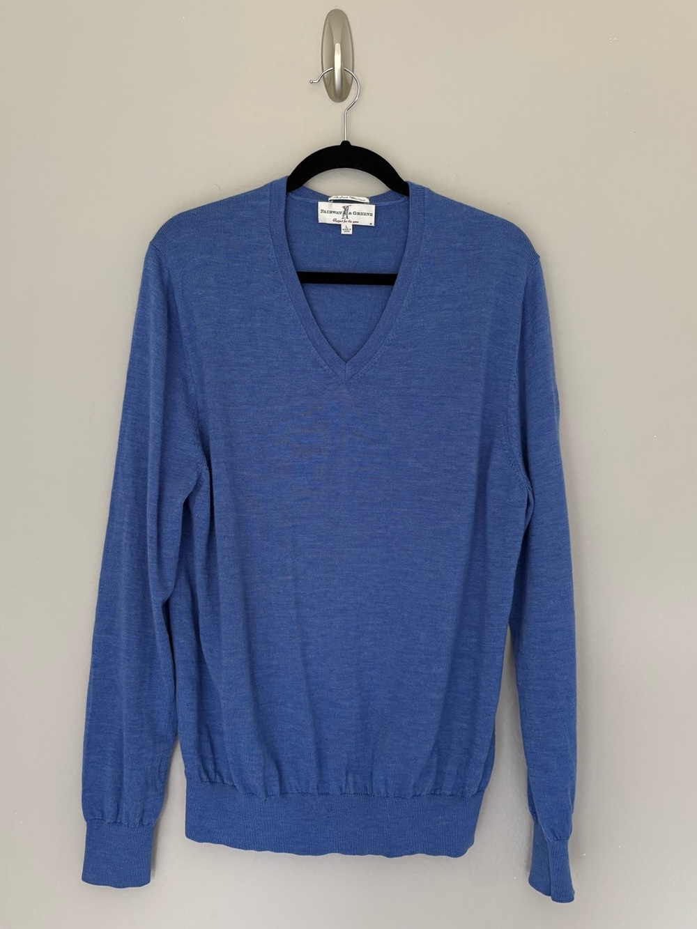 Fairway & Greene Italian Merino Wool V Neck Golf Sweater Blue Pebble Beach L